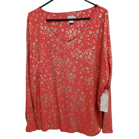Chicos Womens BOHO Tunic Top XL Coral Metallic Animal Print Relaxed Long Sleeve - Picture 1 of 11